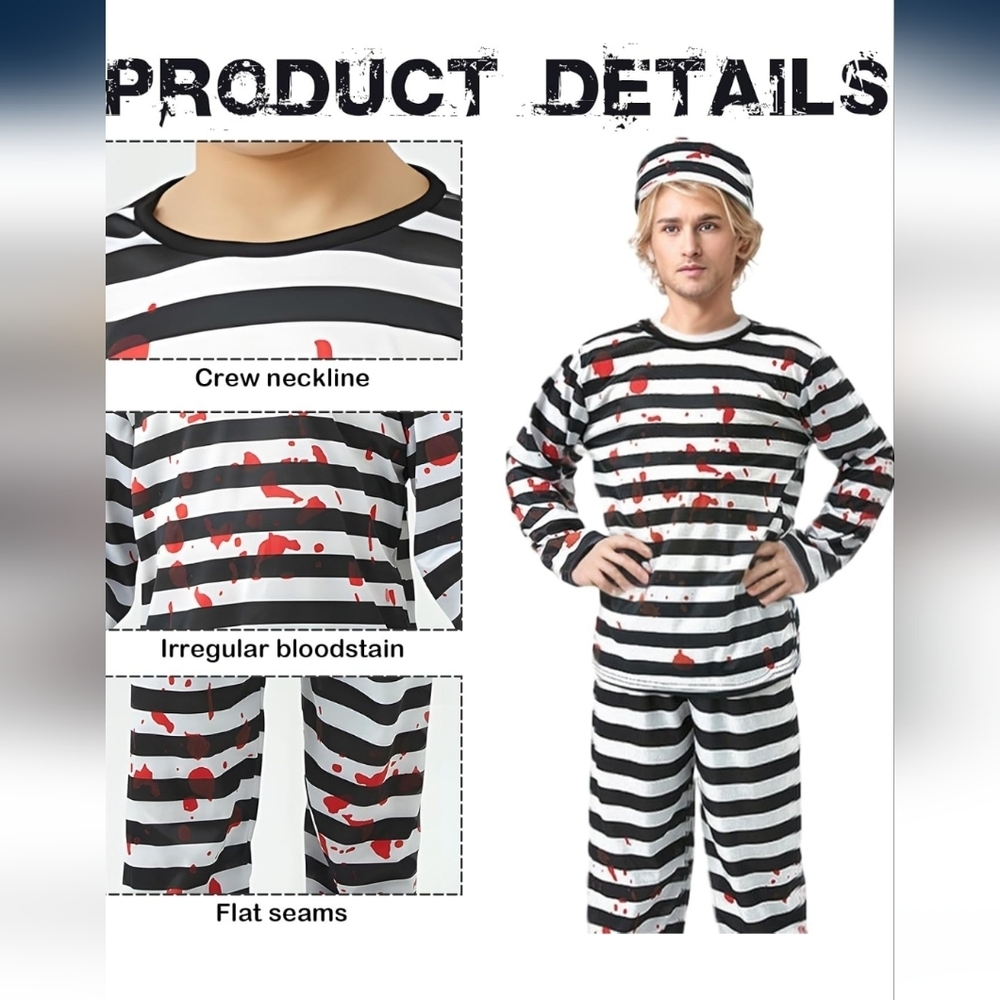 Striped Prisoner Costume with Hat and Chain - Picture 3 of 5